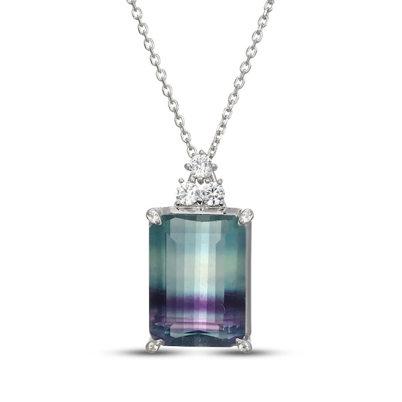 Emerald-Cut Fluorite & White Lab-Created Sapphire Necklace Sterling Silver 18"