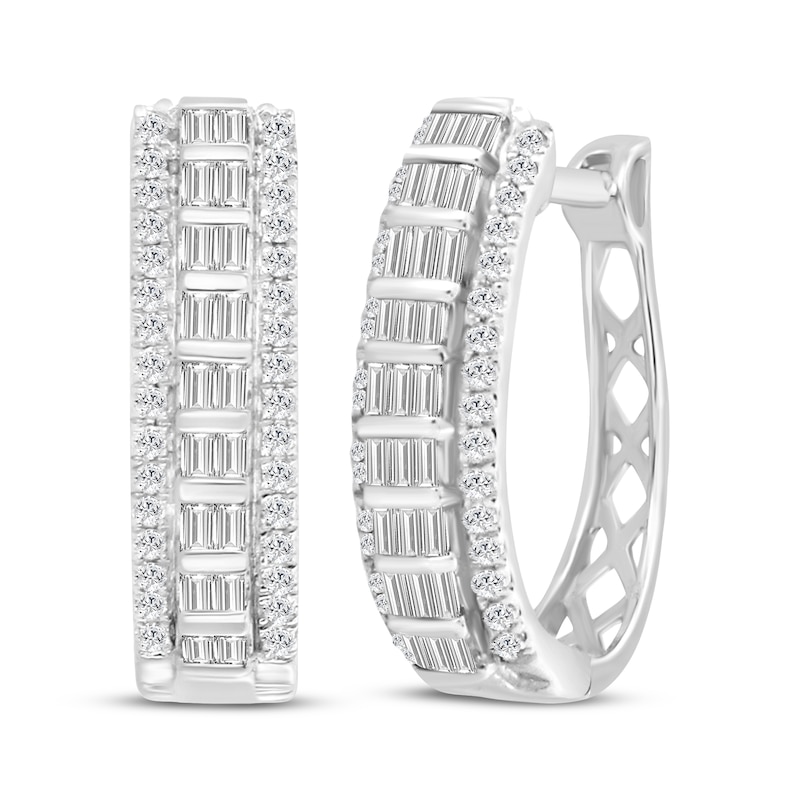 Main Image 1 of Baguette & Round-Cut Diamond Hoop Earrings 1/2 ct tw 10K White Gold