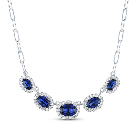 Oval-Cut Blue Lab-Created Sapphire & White Lab-Created Sapphire Halo Necklace Sterling Silver 18"