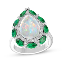 Pear-Shaped Lab-Created Opal, Marquise-Cut Lab-Created Emerald & White Lab-Created Sapphire Ring Sterling Silver