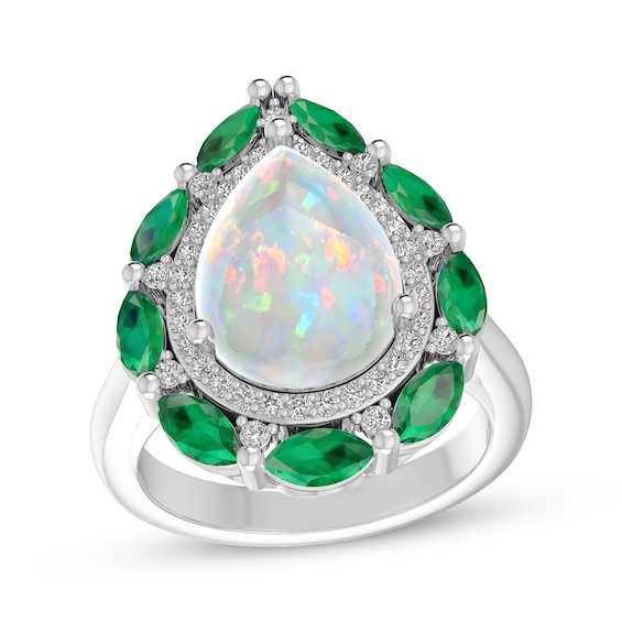 Pear-Shaped Lab-Created Opal, Marquise-Cut Lab-Created Emerald & White Lab-Created Sapphire Ring Sterling Silver