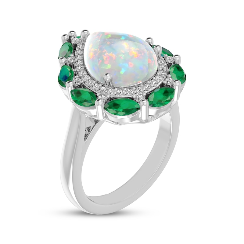 Main Image 2 of Pear-Shaped Lab-Created Opal, Marquise-Cut Lab-Created Emerald & White Lab-Created Sapphire Ring Sterling Silver