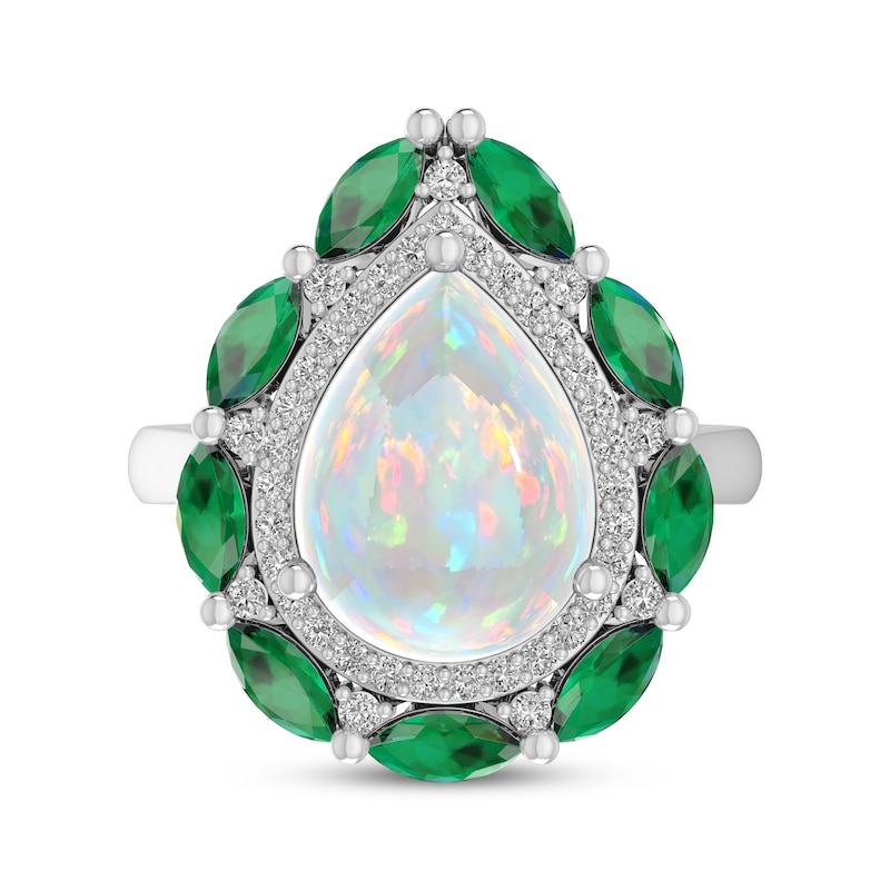 Main Image 3 of Pear-Shaped Lab-Created Opal, Marquise-Cut Lab-Created Emerald & White Lab-Created Sapphire Ring Sterling Silver
