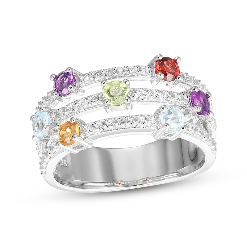 Main Image 1 of Peridot, Garnet, Citrine, Amethyst, Sky Blue Topaz & White Lab-Created Sapphire Three-Row Ring Sterling Silver