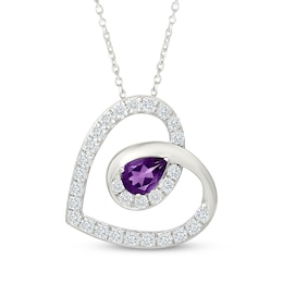 Pear-Shaped Amethyst & White Lab-Created Sapphire Swirling Heart Necklace Sterling Silver 18"