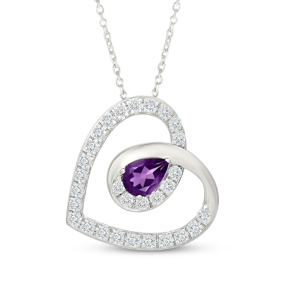 Pear-Shaped Amethyst & White Lab-Created Sapphire Swirling Heart Necklace Sterling Silver 18"