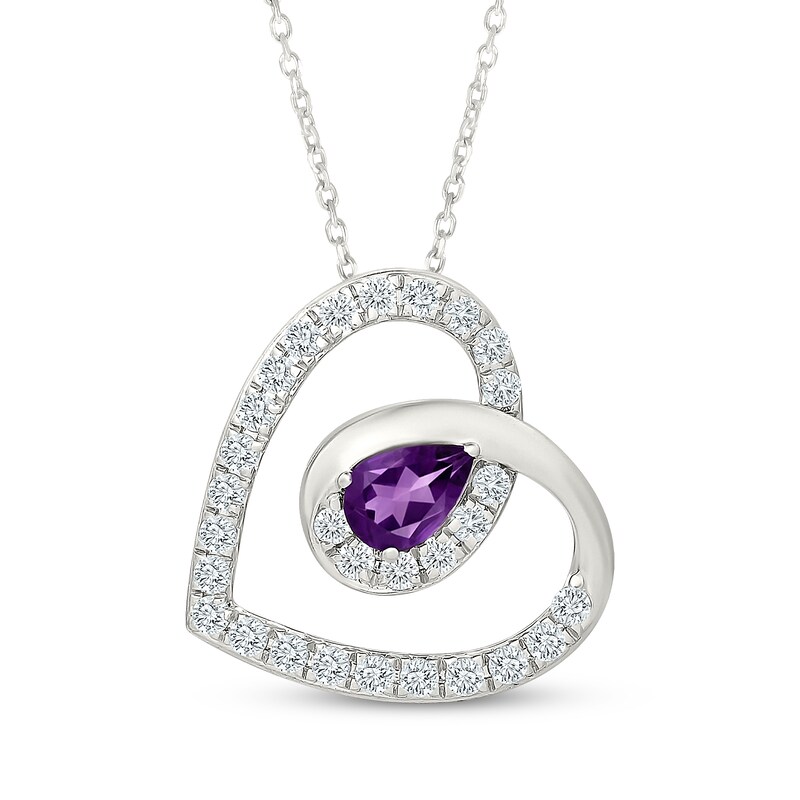 Main Image 1 of Pear-Shaped Amethyst & White Lab-Created Sapphire Swirling Heart Necklace Sterling Silver 18"