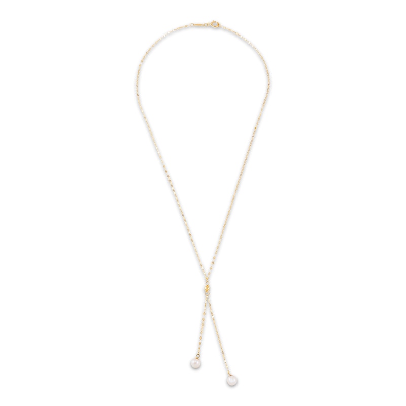 Main Image 2 of Cultured Pearl Lariat Double Drop Mirror Chain Necklace 10K Yellow Gold 17"