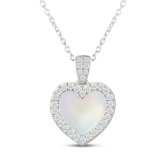 Heart-Shaped Mother-of-Pearl & White Lab-Created Sapphire Halo Necklace Sterling Silver 18"