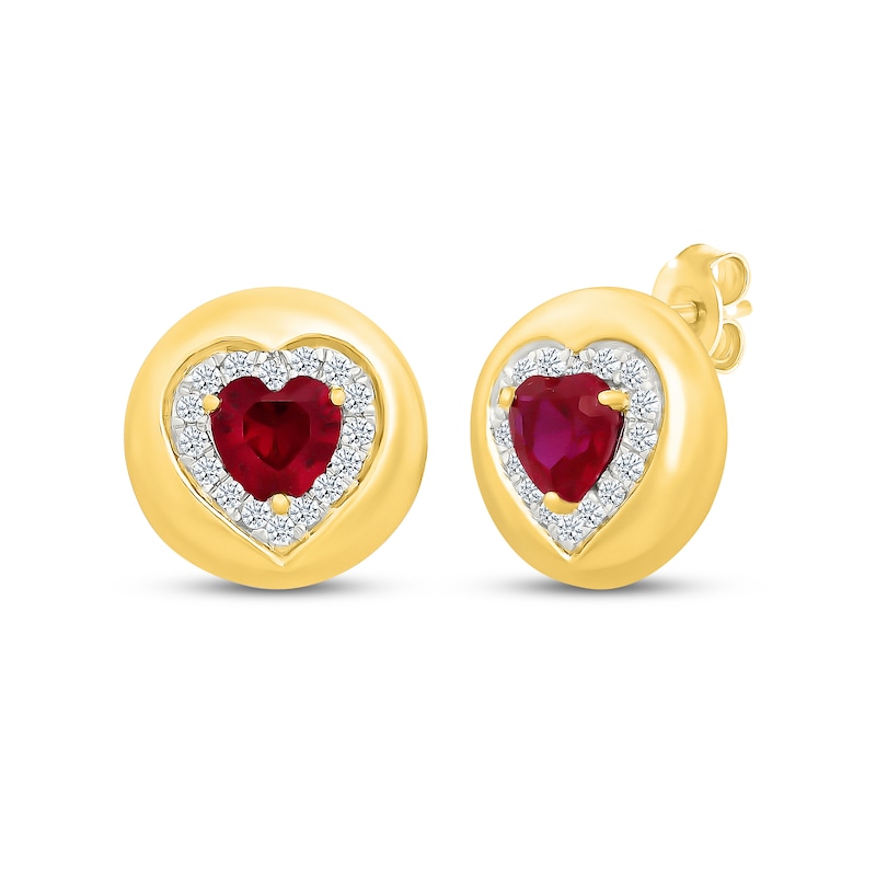 Main Image 1 of Heart-Shaped Lab-Created Ruby & White Lab-Created Sapphire Frame Stud Earrings 24K Yellow Gold Vermeil Sterling Silver