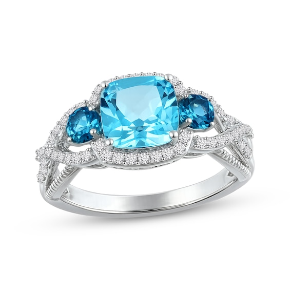 Cushion-Cut Swiss Blue Topaz, London Blue Topaz & White Lab-Created Sapphire Ring Sterling Silver
