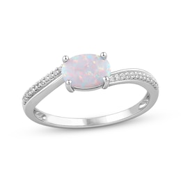 Oval-Cut Lab-Created Opal & White Lab-Created Sapphire Bypass Shank Ring Sterling Silver