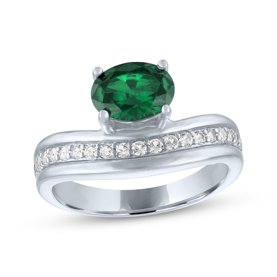 Oval-Cut Lab-Created Emerald & White Lab-Created Sapphire Wave Ring Sterling Silver
