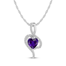 Heart-Shaped Amethyst & White Lab-Created Sapphire Necklace Sterling Silver 18"