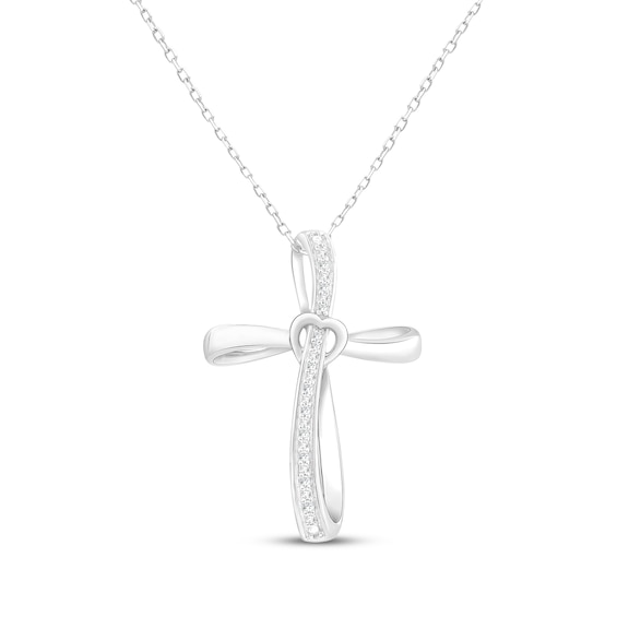 Diamond Looping Heart-Center Cross Necklace 1/10 ct tw Sterling Silver 18"