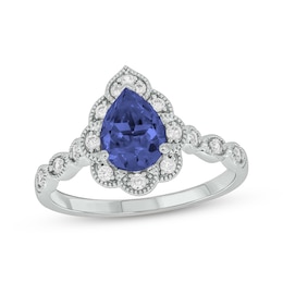 Pear-Shaped Blue Lab-Created Sapphire & Diamond Halo Ring 1/5 ct tw Sterling Silver