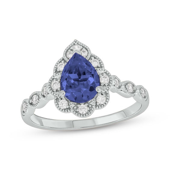 Pear-Shaped Blue Lab-Created Sapphire & Diamond Halo Ring 1/5 ct tw Sterling Silver