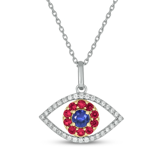 Patriotic Blue Lab-Created Sapphire, Lab-Created Ruby & Diamond Evil Eye Necklace 1/5 ct tw Sterling Silver with 24K Yellow Gold Vermeil Sterling Silv