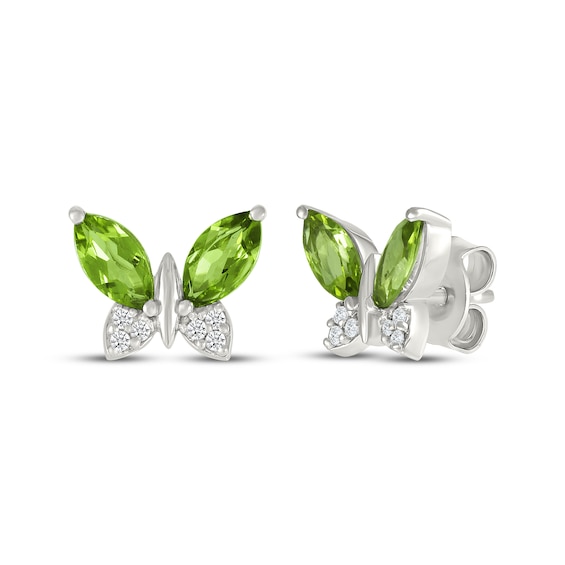 Marquise-Cut Natural Peridot & White Lab-Created Sapphire Butterfly Stud Earrings Sterling Silver