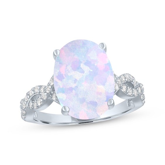 Oval-Shaped Lab-Created Opal & White Lab-Created Sapphire Ring Sterling Silver