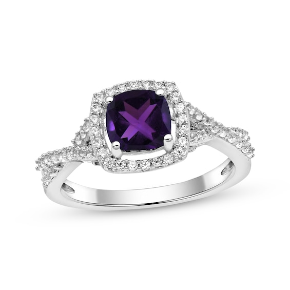 Cushion-Cut Natural Amethyst & White Lab-Created Sapphire Halo Ring Sterling Silver