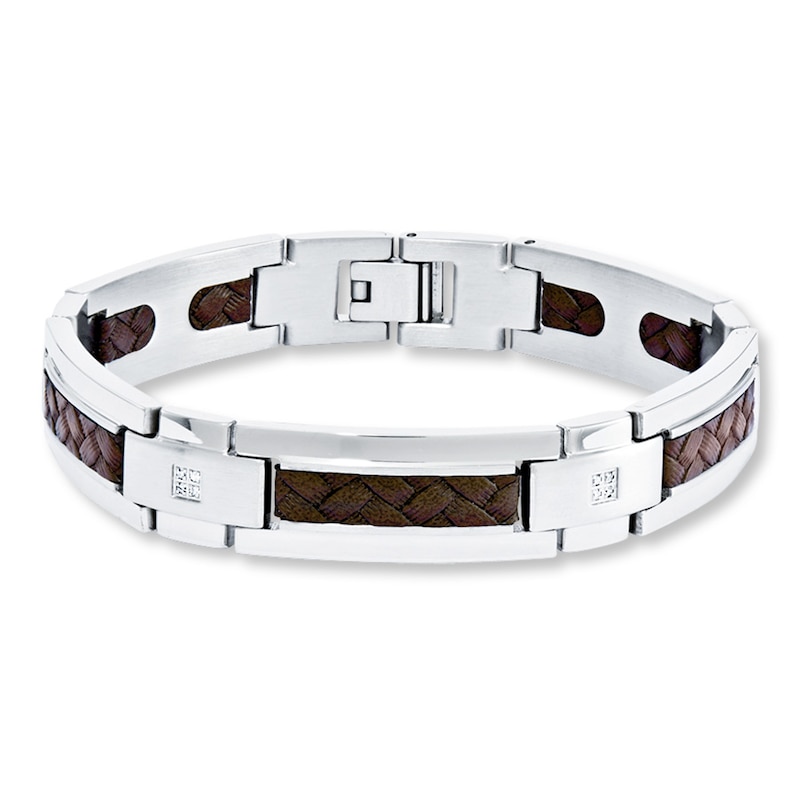 Men's Bracelet 1/10 ct tw Diamonds Stainless Steel/Leather