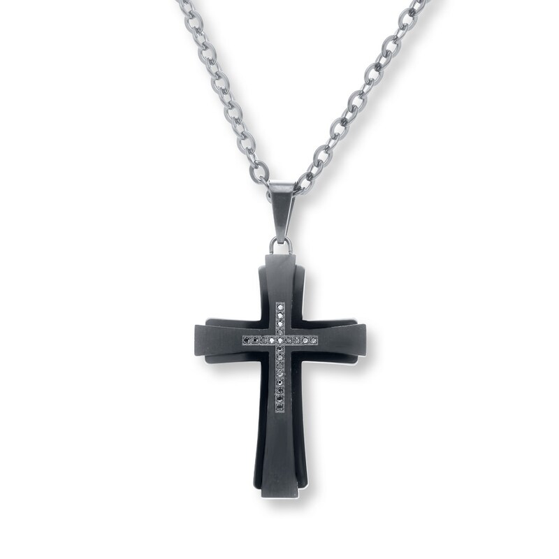 Men's Cross Necklace 1/15 ct tw Black Diamonds Stainless Steel