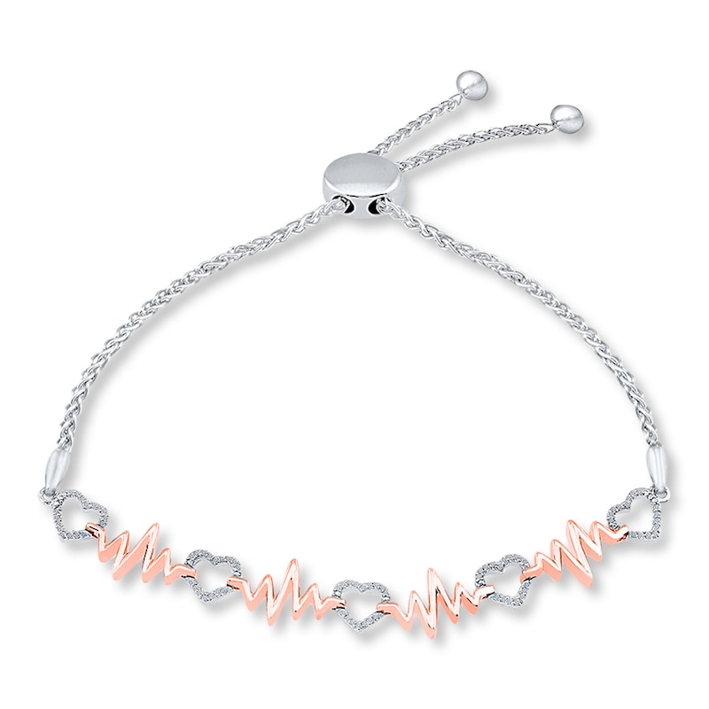 Heart Bolo Bracelet 1/6 ct tw Diamonds Sterling Silver & 10K Rose Gold 9.5"