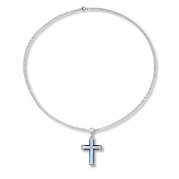 Men's Diamond Cross Necklace Stainless Steel/Blue Ion-Plating 24&quot;