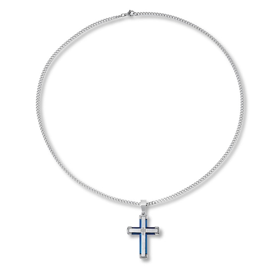 Men's Diamond Cross Necklace Stainless Steel & Blue Ion-Plating 24"