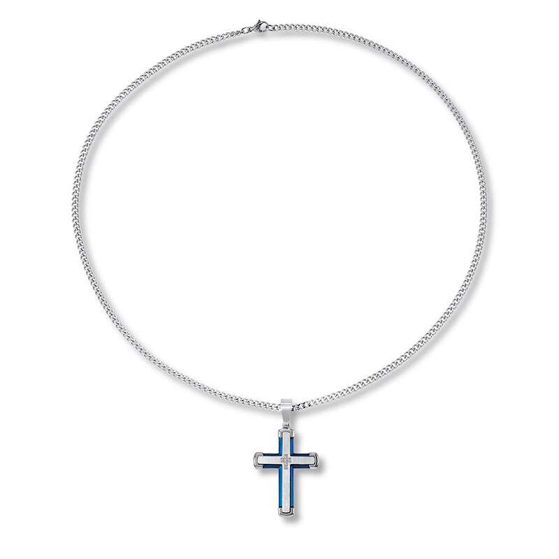 Main Image 1 of Men's Diamond Cross Necklace Stainless Steel & Blue Ion-Plating 24"