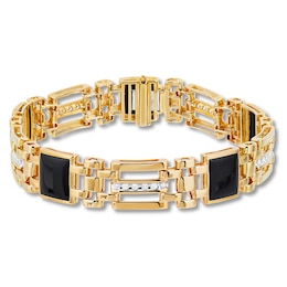 Men's Black Onyx Bracelet 1/2 ct tw Diamonds 10K Yellow Gold 8.5&quot;