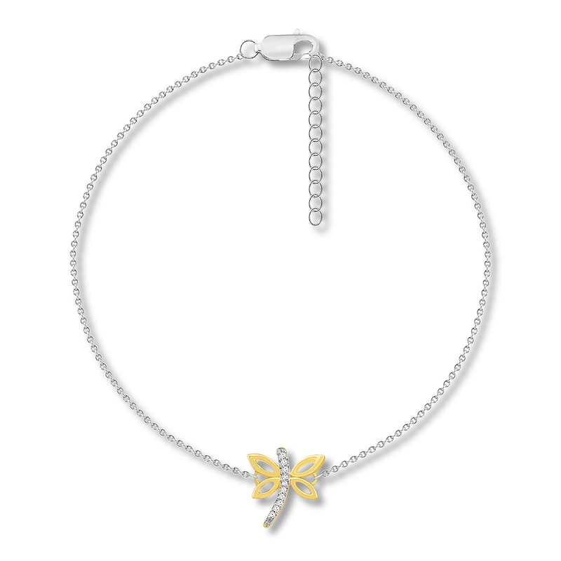 Main Image 1 of Dragonfly Anklet with Diamonds Sterling Silver & 10K Yellow Gold 10"