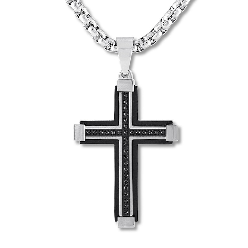 Stainless Steel Black Diamonds 22in Cross Crucifix Necklace 