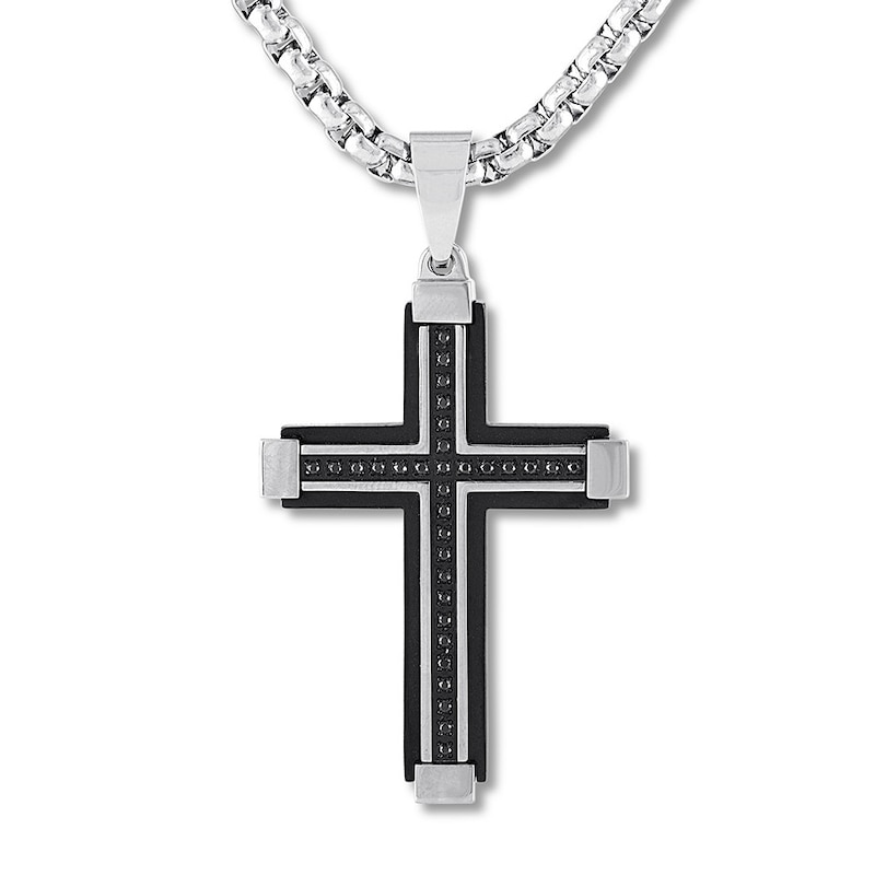 Main Image 1 of Men's Black Diamond Cross Necklace 1/6 ct tw Stainless Steel