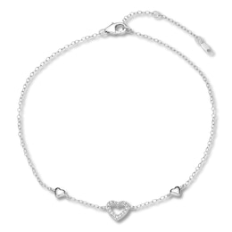 Diamond Heart Anklet 1/15 ct tw Round-cut Sterling Silver