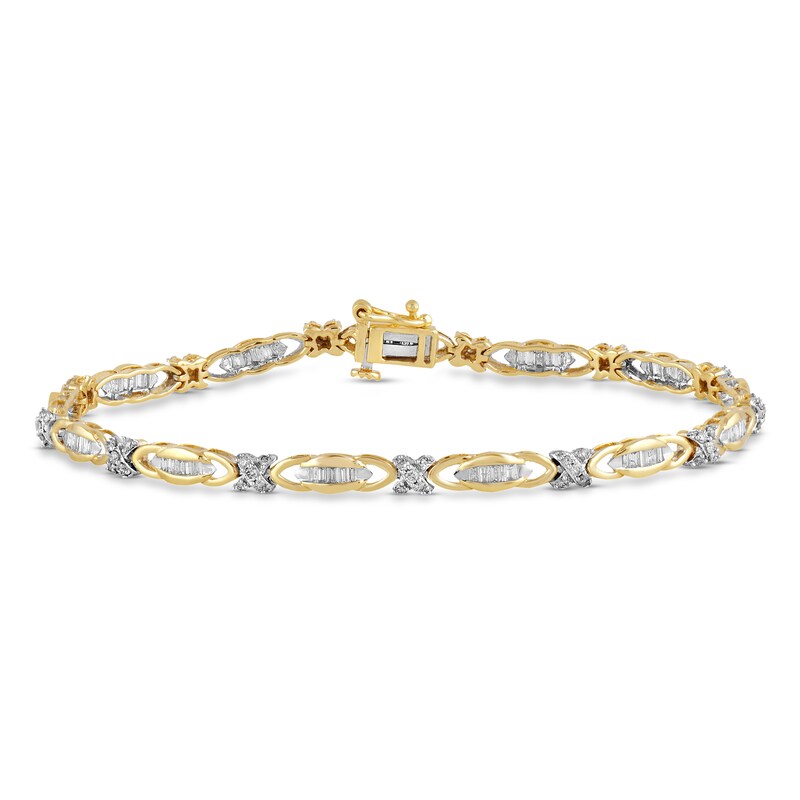 Diamond Bracelet 1 ct tw Round & Baguette 10K Yellow Gold 7.5"