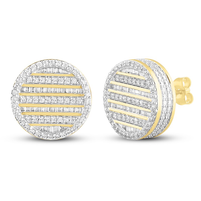 Men's Diamond Earrings 1 ct tw Round & Baguette 10K Yellow Gold