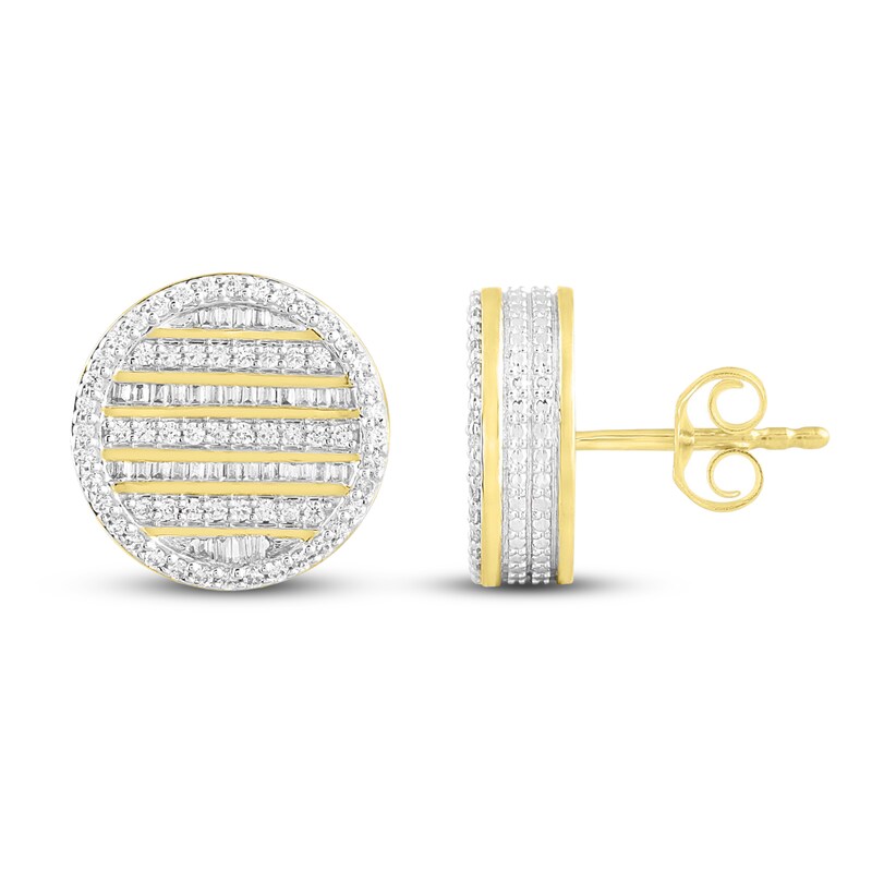 Men's Diamond Earrings 1 ct tw Round & Baguette 10K Yellow Gold
