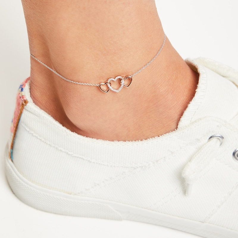 Main Image 3 of Diamond Heart Anklet Sterling Silver & 10K Rose Gold 8.2"