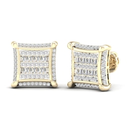 Men's Square Diamond Earrings 1/2 ct tw Baguette & Round-cut 10K Yellow Gold