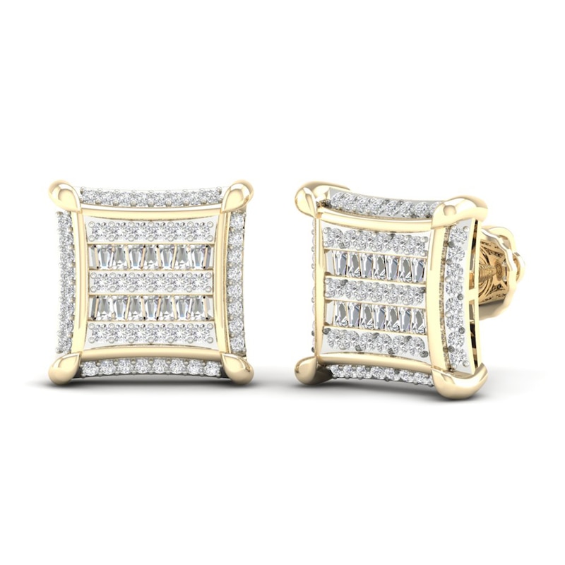 Main Image 1 of Men's Square Diamond Earrings 1/2 ct tw Baguette & Round-cut 10K Yellow Gold