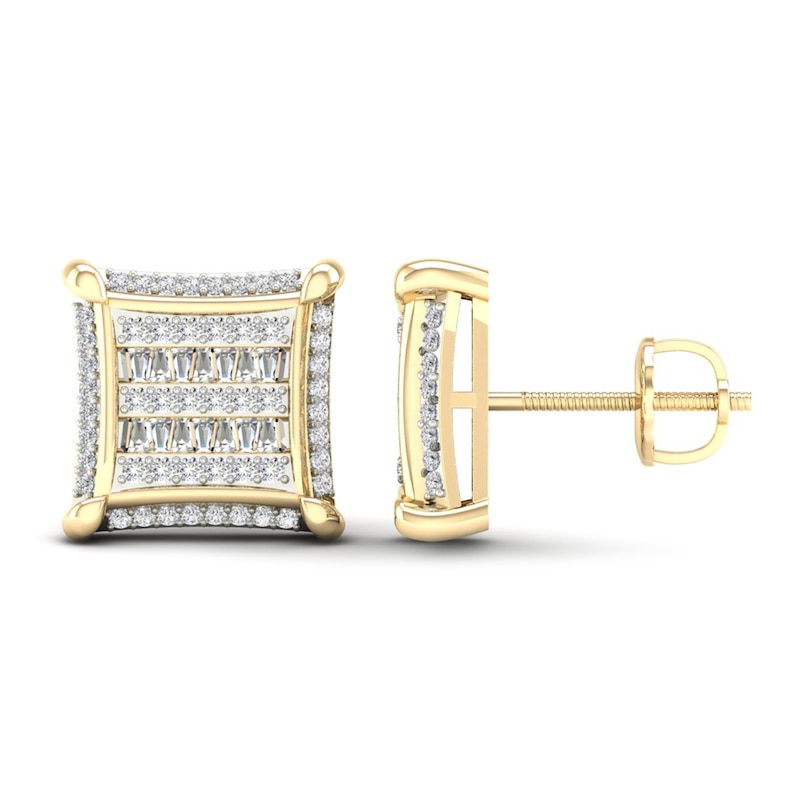 Men's Square Diamond Earrings 1/2 ct tw Baguette & Round-cut 10K Yellow Gold