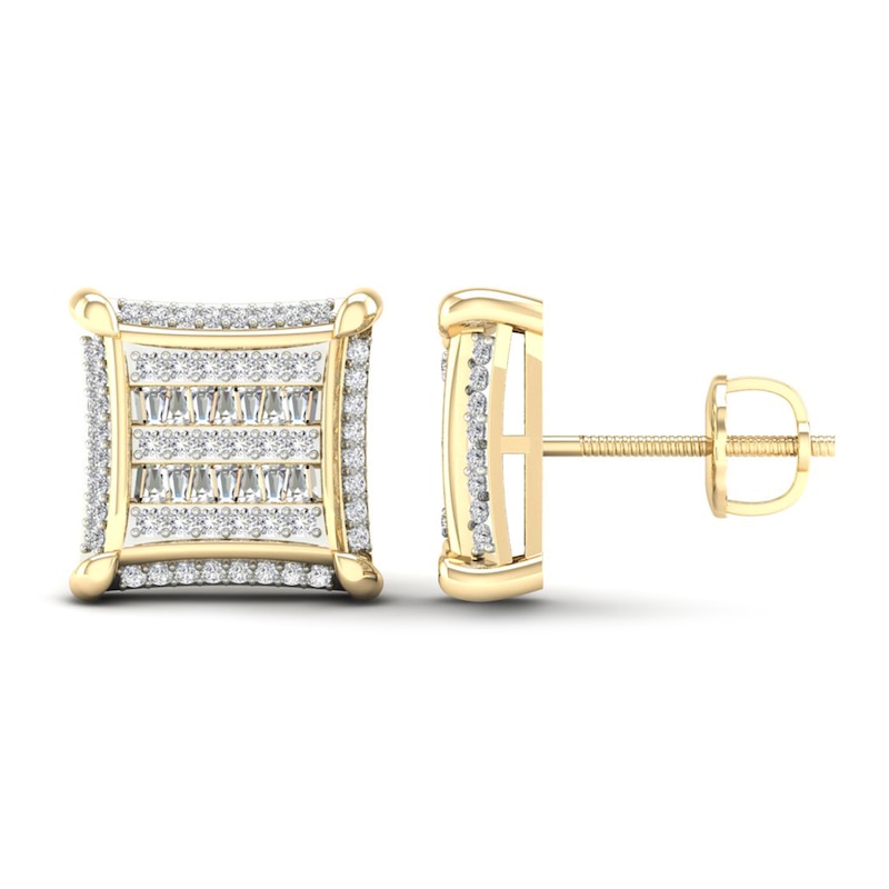 Main Image 2 of Men's Square Diamond Earrings 1/2 ct tw Baguette & Round-cut 10K Yellow Gold