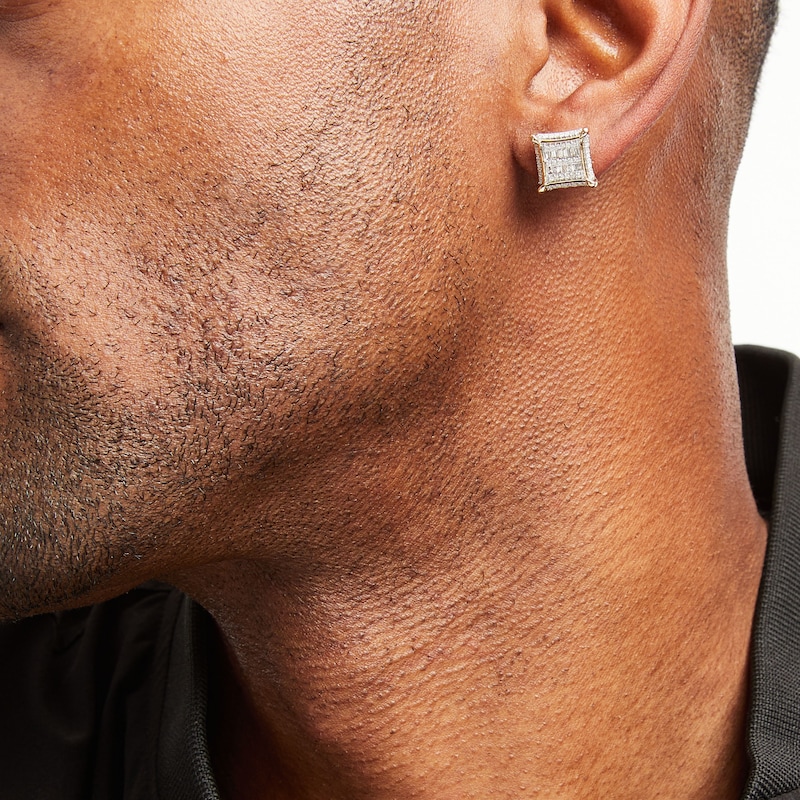 Main Image 3 of Men's Square Diamond Earrings 1/2 ct tw Baguette & Round-cut 10K Yellow Gold