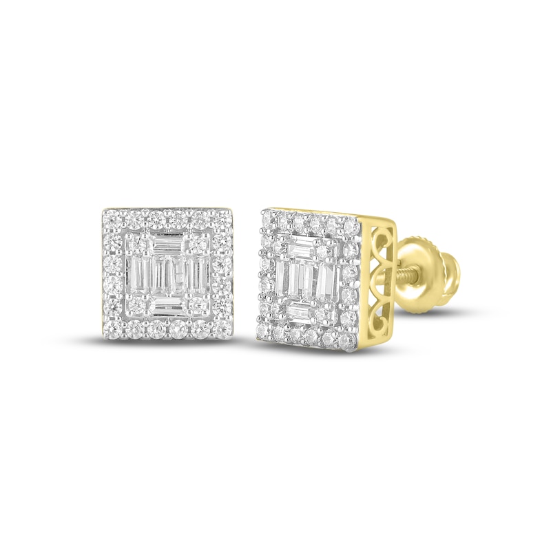 Main Image 1 of Men's Diamond Square Earrings 1/2 ct tw Baguette & Round-cut 10K Yellow Gold