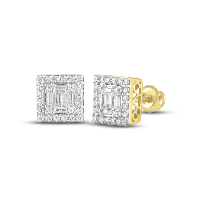 Men's Diamond Square Earrings 1/2 ct tw Baguette & Round-cut 10K Yellow ...