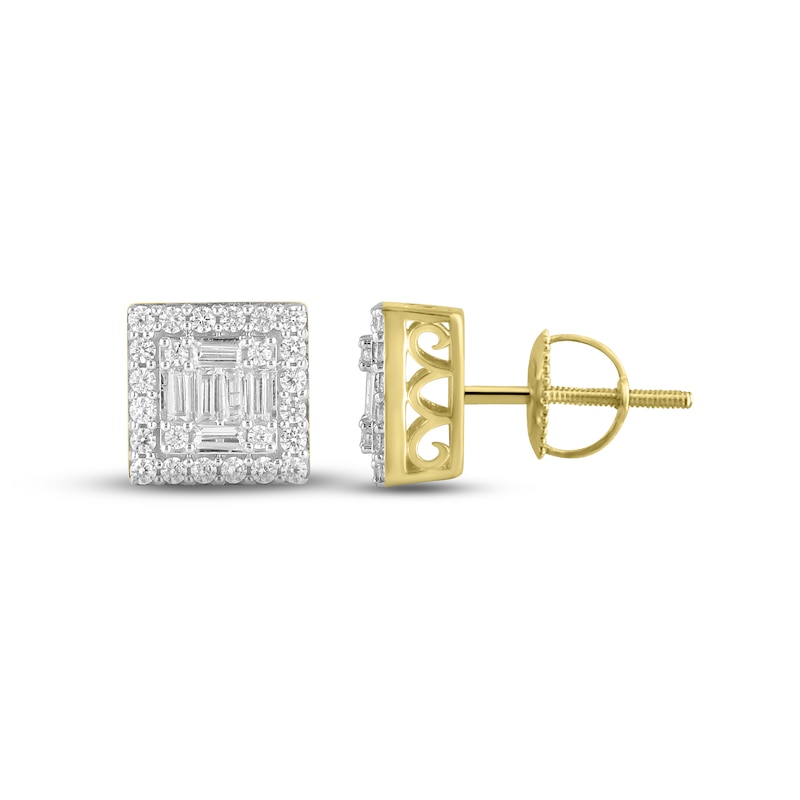 Men's Diamond Square Earrings 1/2 ct tw Baguette & Round-cut 10K Yellow Gold