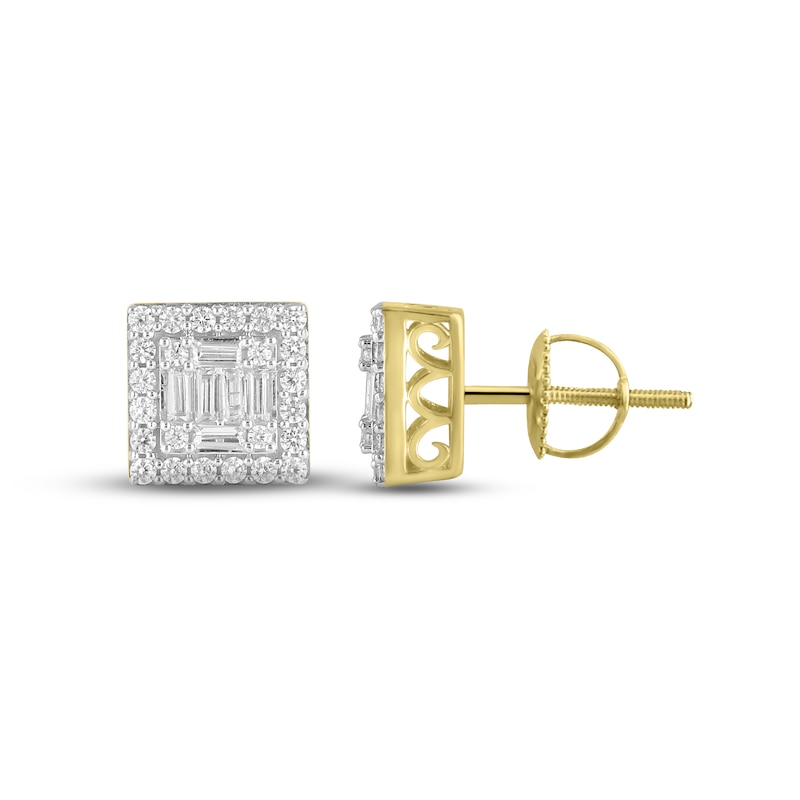Main Image 2 of Men's Diamond Square Earrings 1/2 ct tw Baguette & Round-cut 10K Yellow Gold