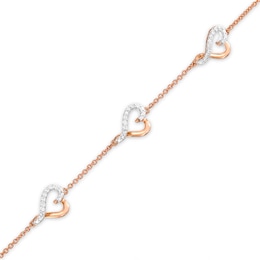 Diamond Heart Station Bracelet 1/15 ct tw Round-cut 10K Rose Gold 7.5"
